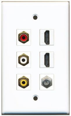 AV WALL PLATE (WHITE): 3 X RCA, 2 X HDMI AND 1 x COAX INSERT