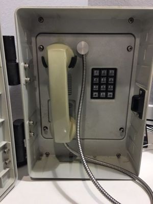 GAI-TRONICS ANALOG KEYPAD OUTDOOR TELEPHONE WITH ARMORED CORD IN WEATHERPROOF ENCLOSURE BOX WITH SPRING LOADED DOOR (GRAY)